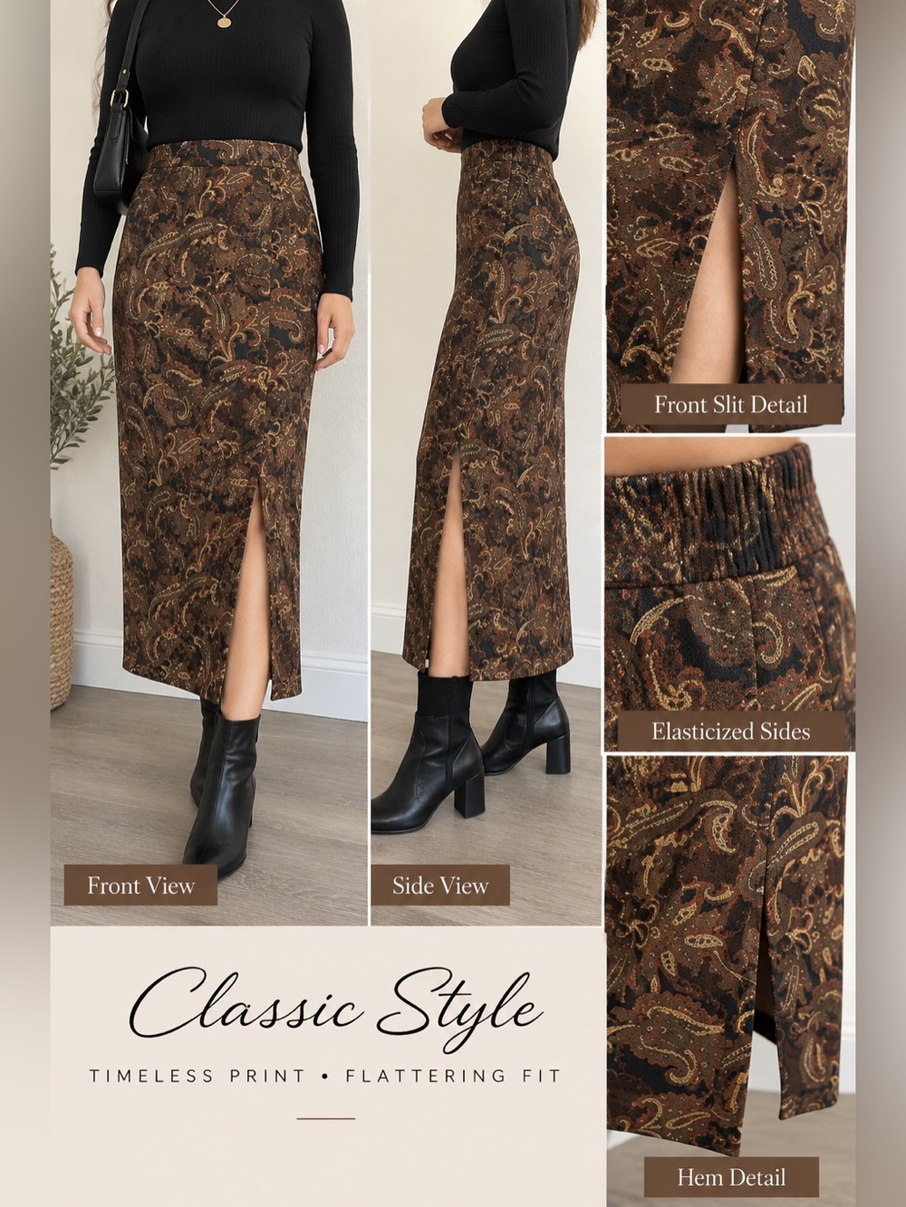 Kathie Lee Vintage Paisley Print Midi/Long Skirt Size 14 Brown Rayon